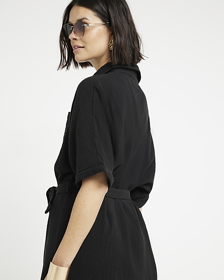 Black textured belted midi shirt dress