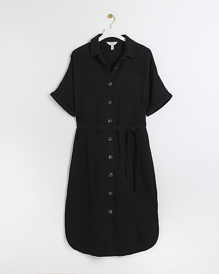 Black textured belted midi shirt dress