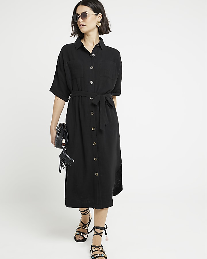 Black textured belted midi shirt dress