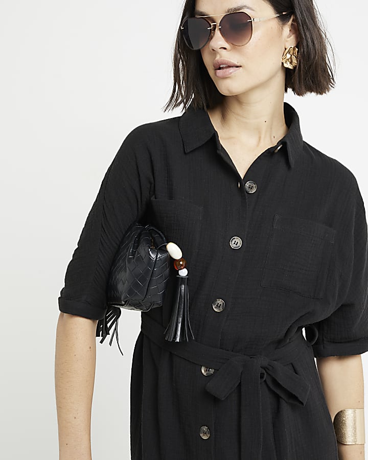 Black textured belted midi shirt dress