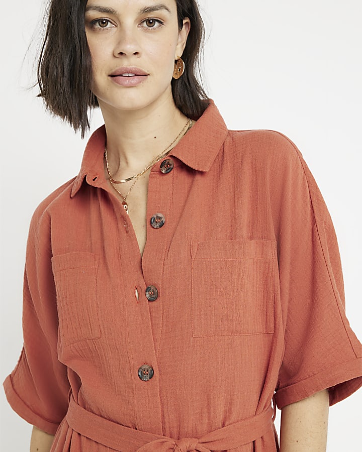 Rust textured belted midi shirt dress