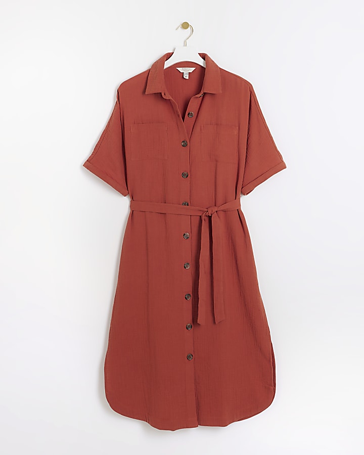 Rust textured belted midi shirt dress