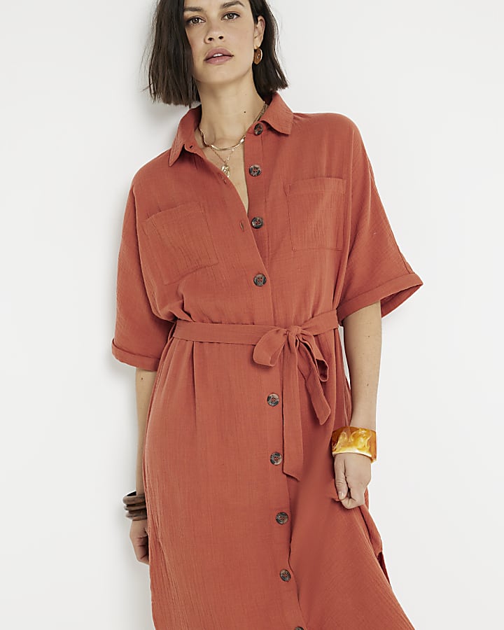 Rust textured belted midi shirt dress