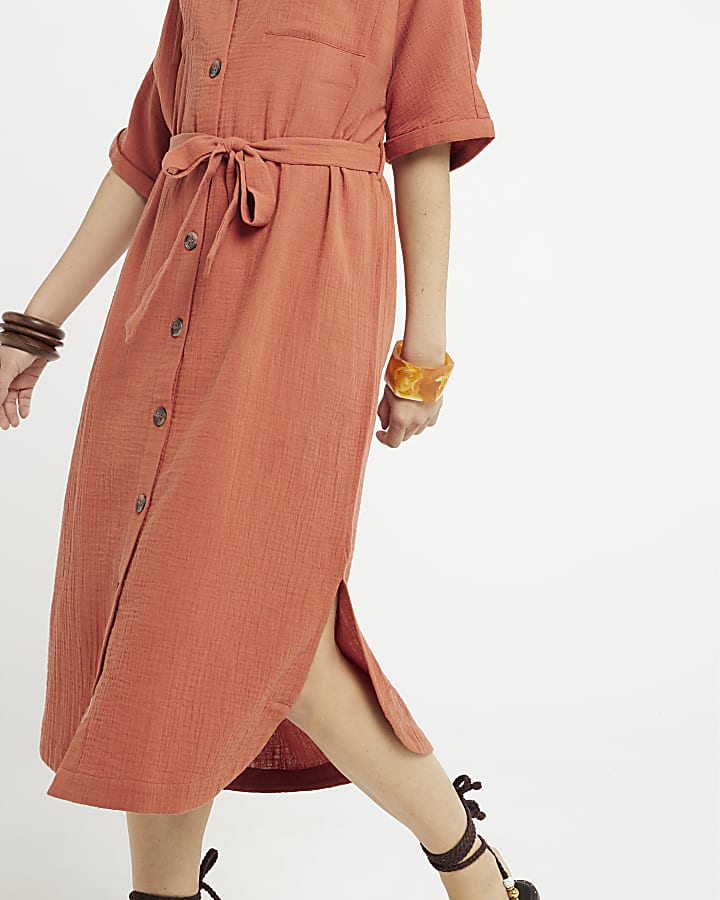 Rust textured belted midi shirt dress