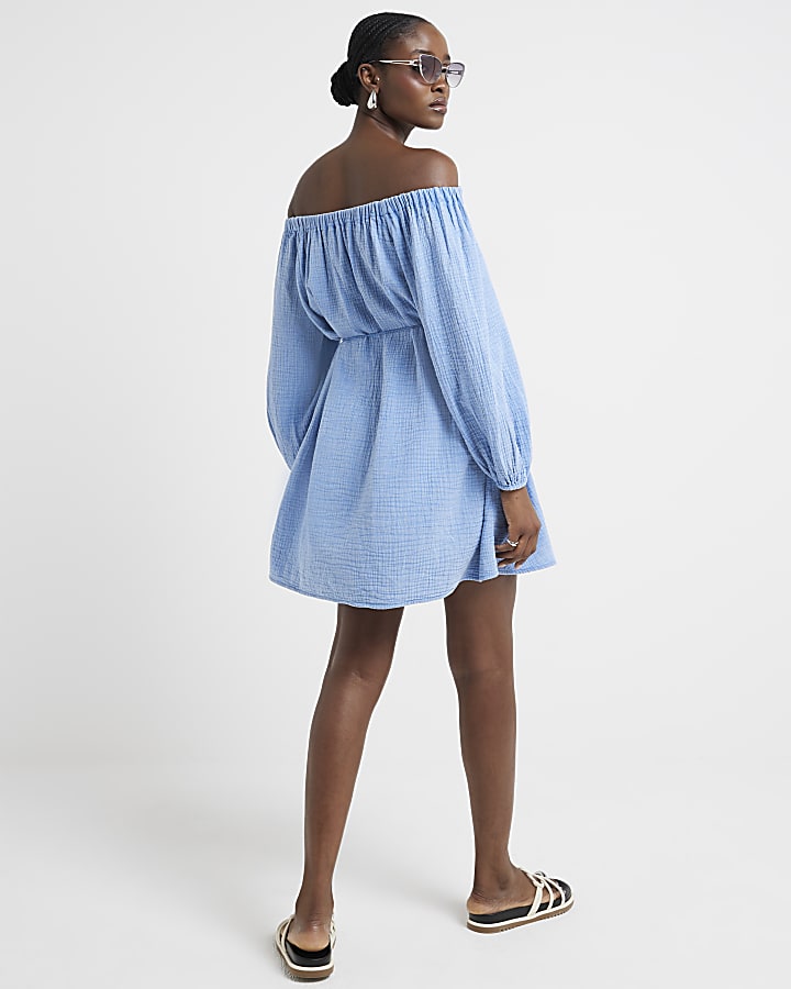 Blue textured bardot mini dress