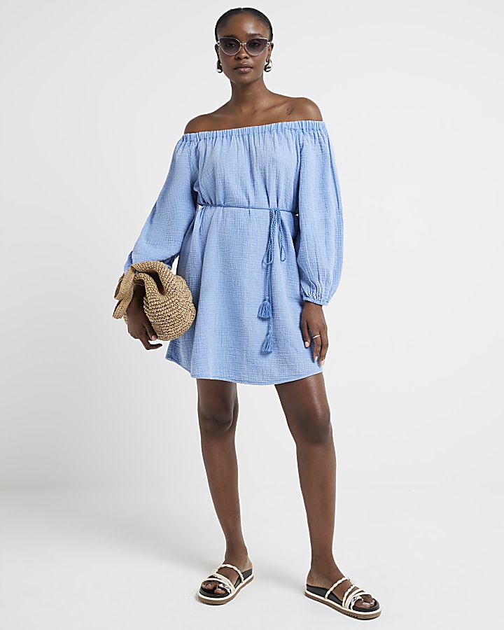 Blue textured bardot mini dress