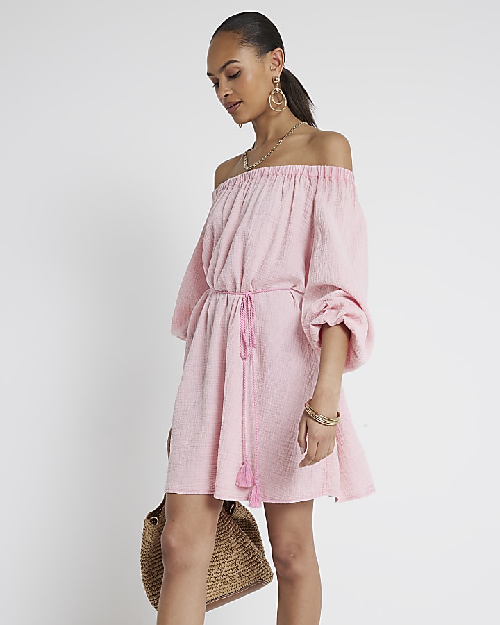 Pink textured belted bardot mini dress