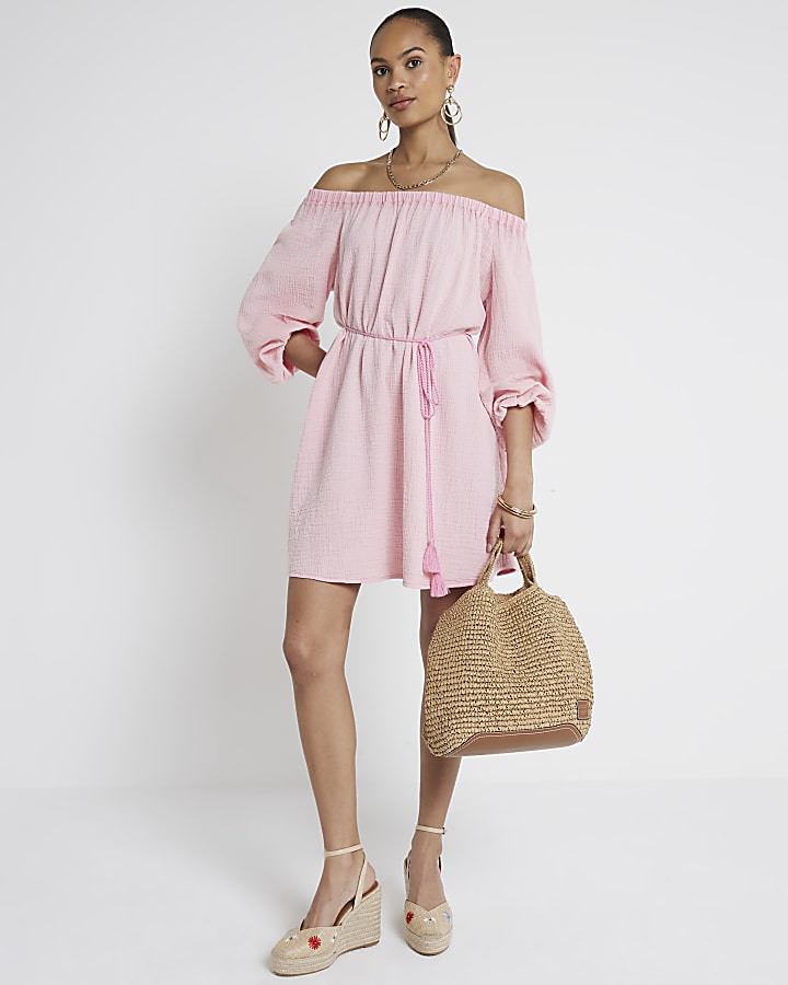 Pink textured belted bardot mini dress