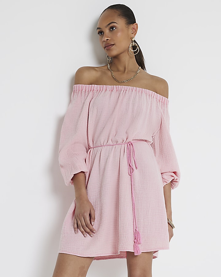 Pink textured belted bardot mini dress