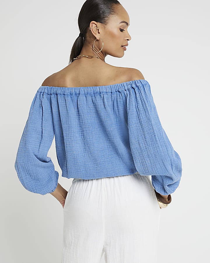 Blue textured bardot top