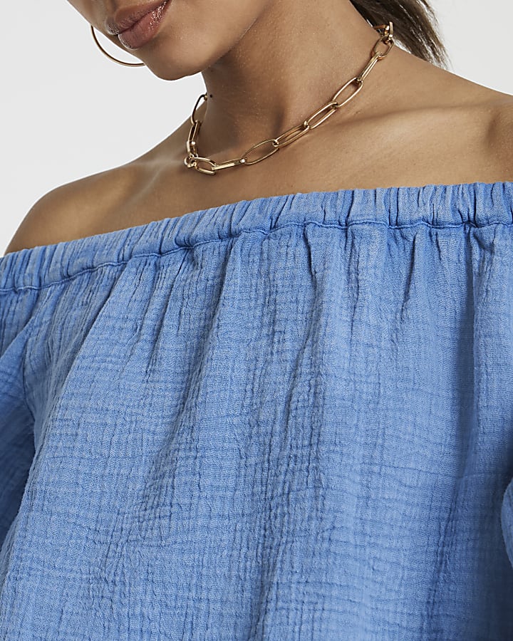 Blue textured bardot top