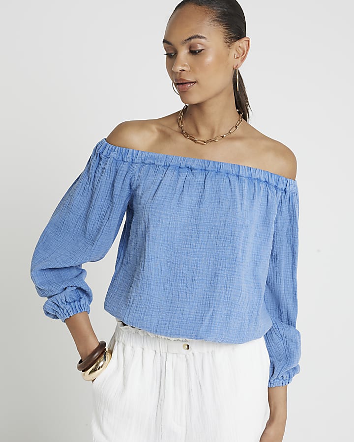 Blue textured bardot top