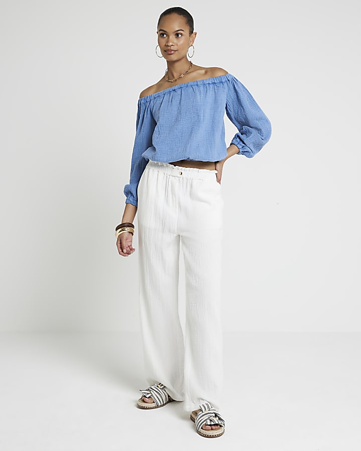 Blue textured bardot top