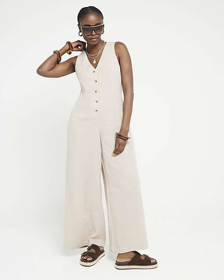 Brown Textured Button Through Jumpsuit River Island