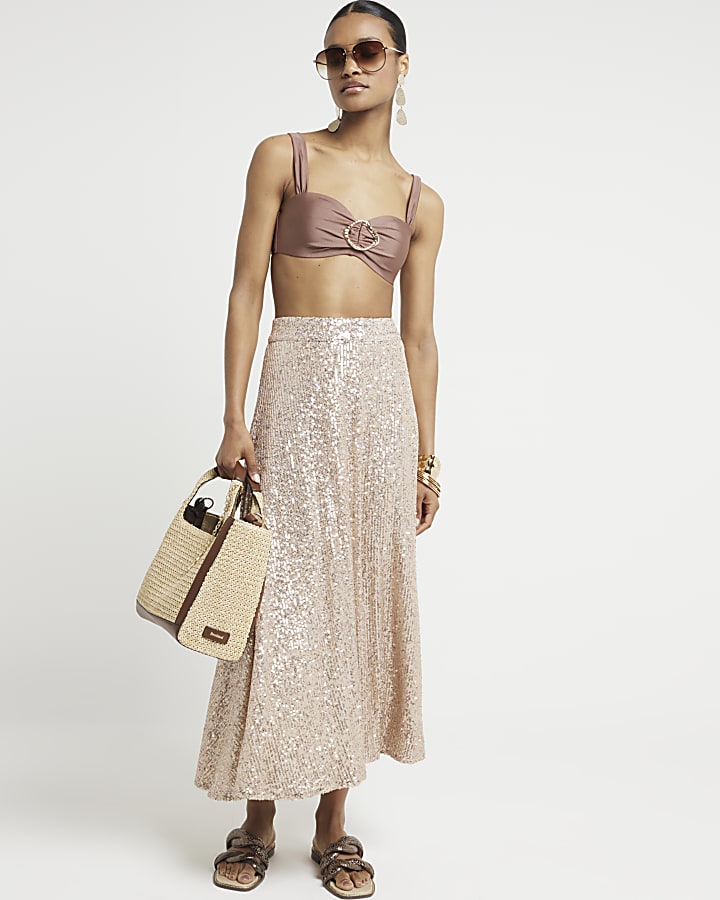 Rose Gold Sequin Midi Skirt