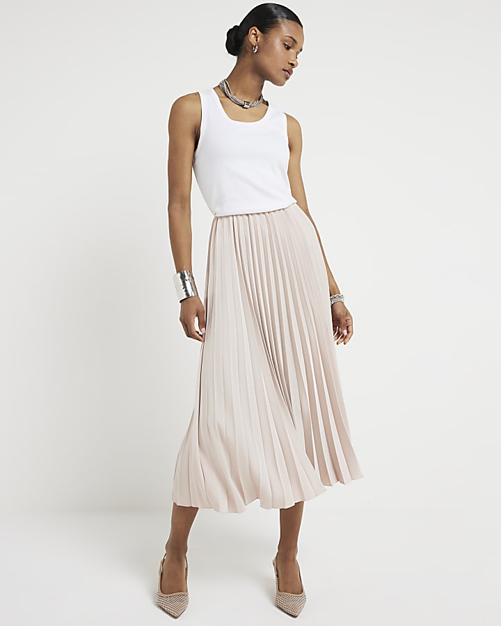 Pink pleated midi skirt River Island