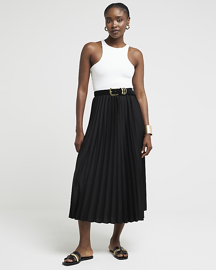 Black pleated midi skirt River Island