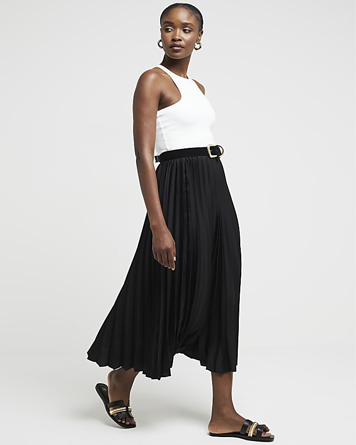 Black pleated midi skirt