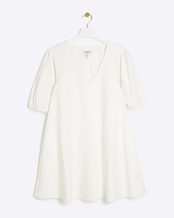 White Denim Puff Sleeve Smock Mini Dress