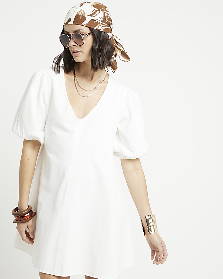 White Denim Puff Sleeve Smock Mini Dress