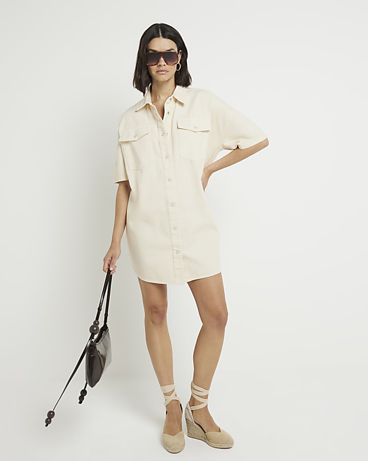 Beige denim mini shirt dress