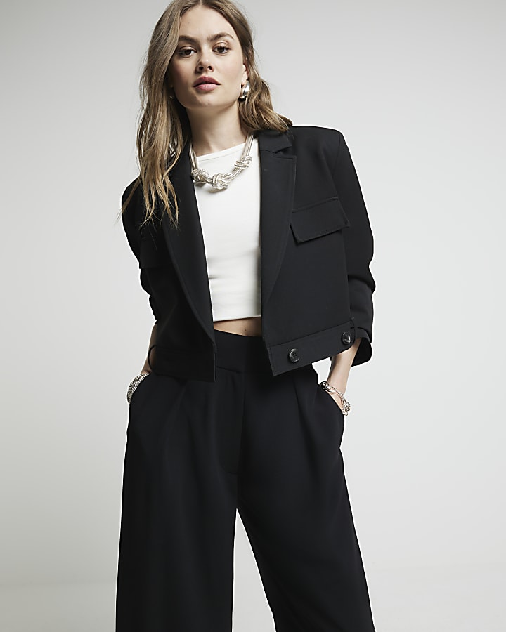 Black wide leg pleated cropped trousers