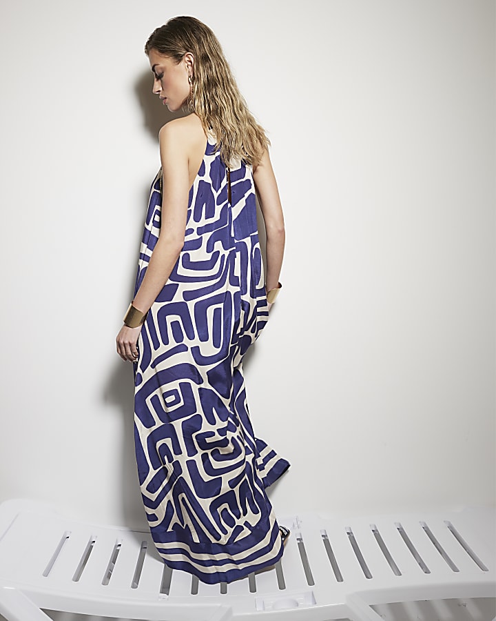 Navy abstract halter neck beach maxi dress