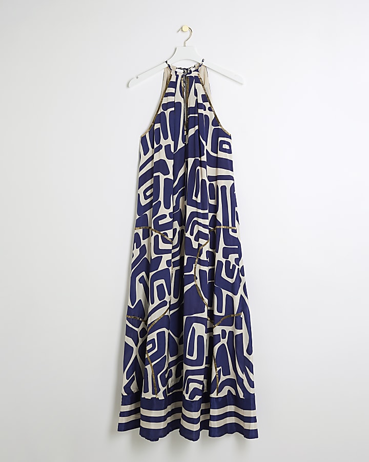 Navy abstract halter neck beach maxi dress