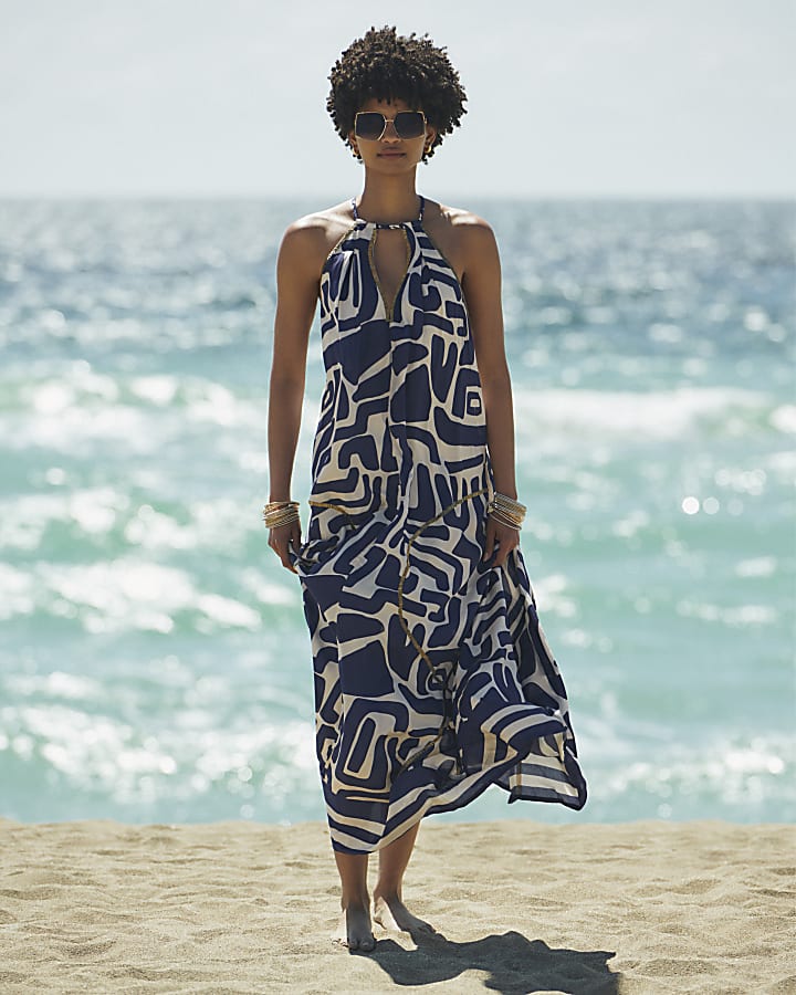 Navy abstract halter neck beach maxi dress