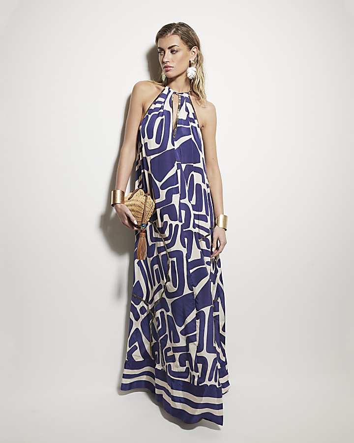 Navy abstract halter neck beach maxi dress