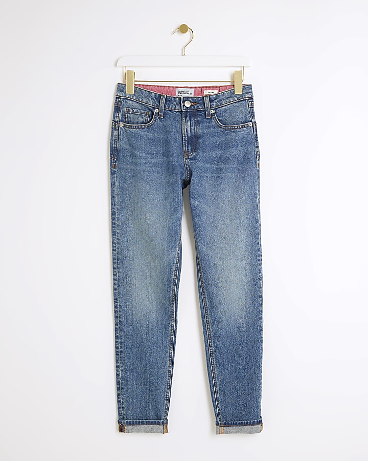 Blue low rise mom fit jeans