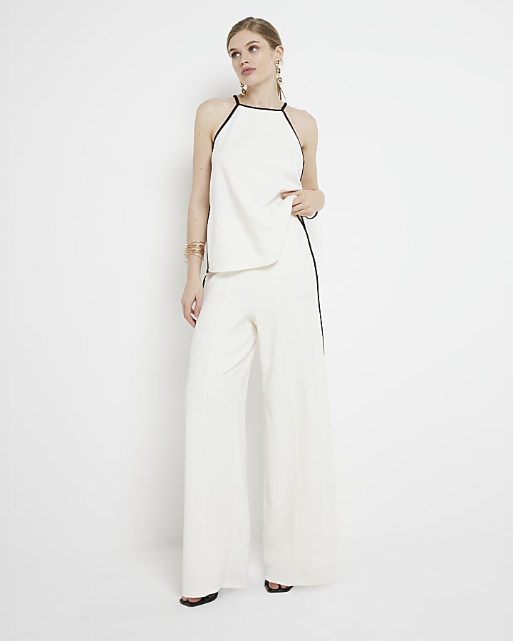 Cream Taped Wide Leg Trousers