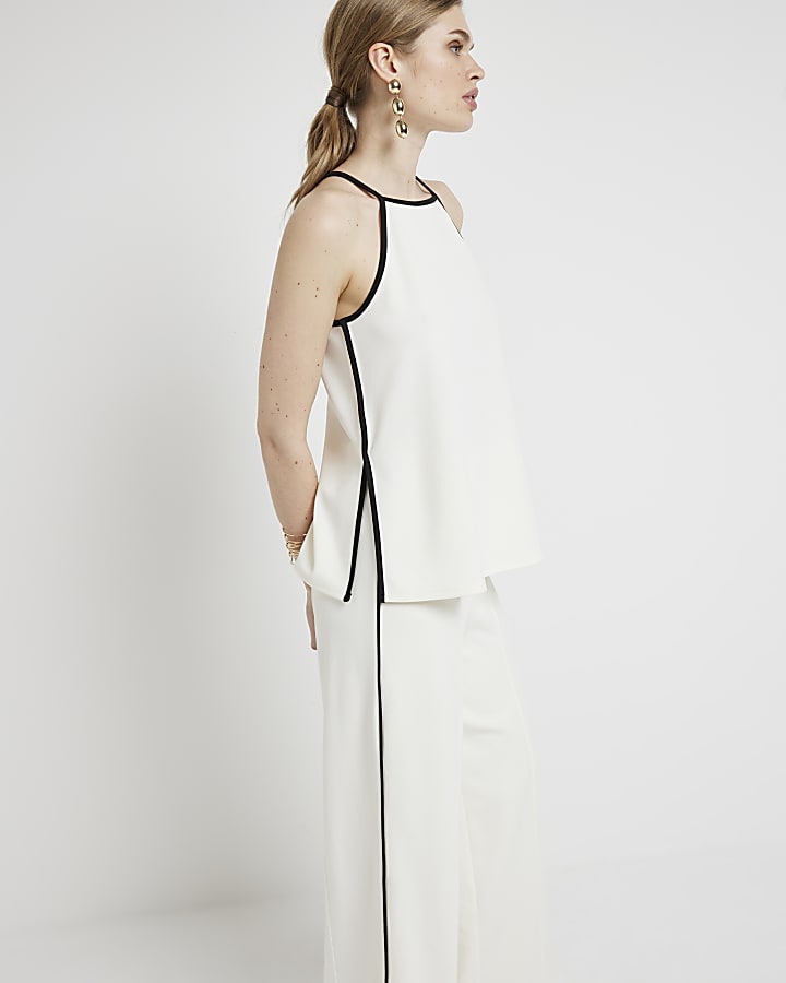 Cream Taped Wide Leg Trousers