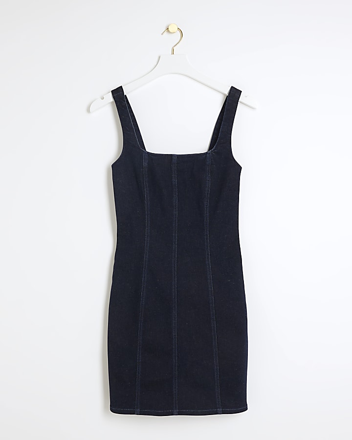 Blue denim square neck bodycon mini dress