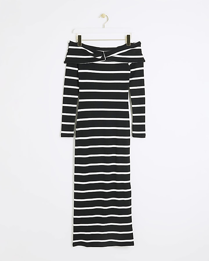 Black ribbed stripe bardot bodycon midi dress