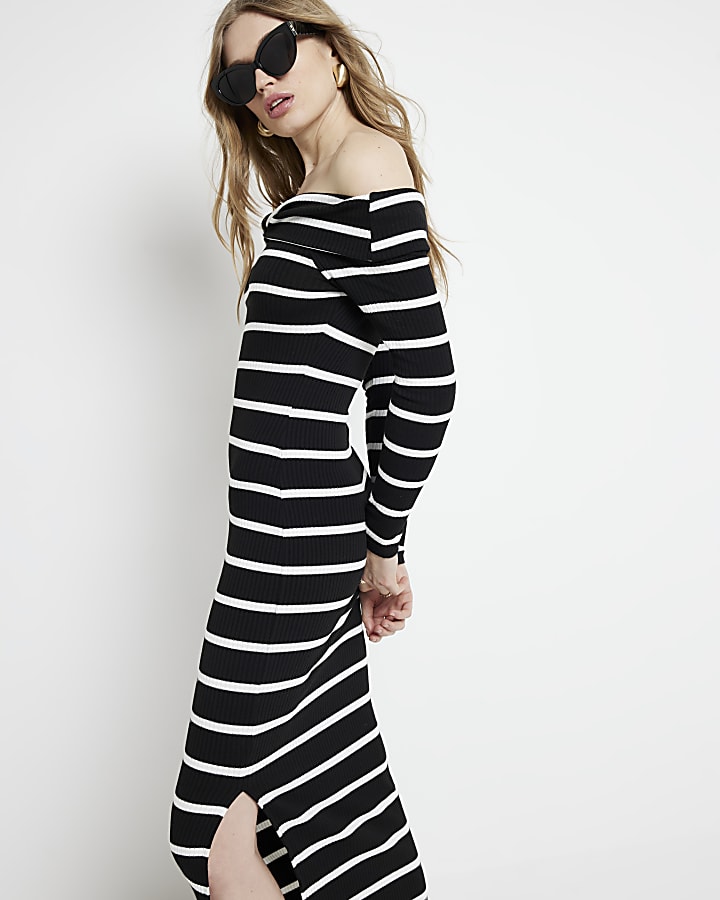 Black ribbed stripe bardot bodycon midi dress