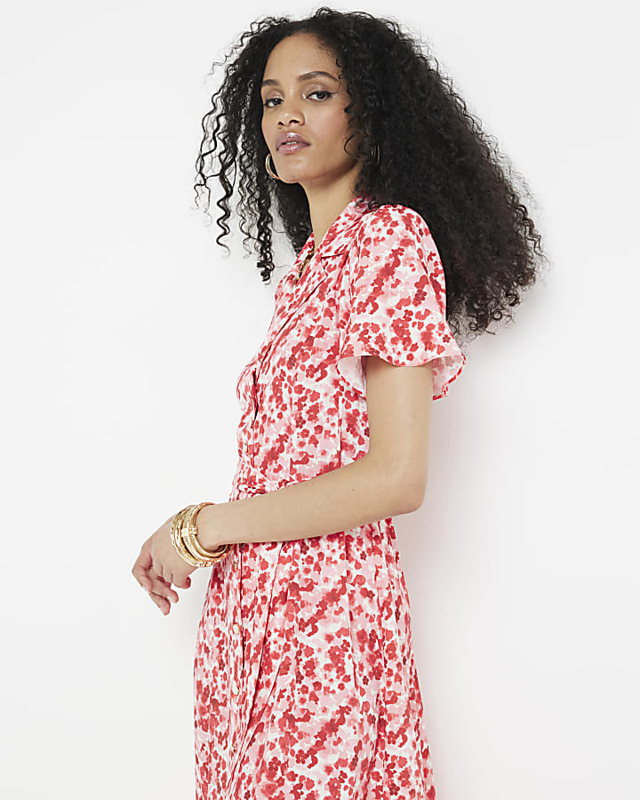 Red floral belted midi shirt dress