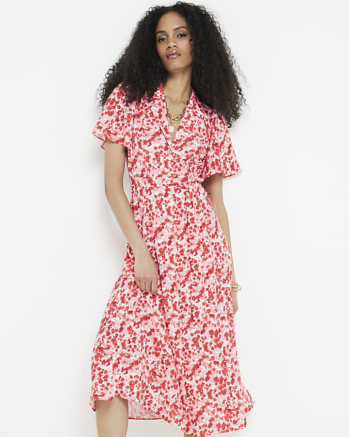 Red floral belted midi shirt dress