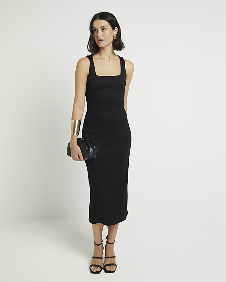 Black ribbed square neck bodycon midi dress River Island