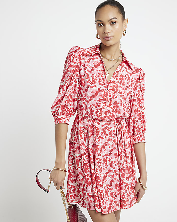 Red floral belted mini shirt dress