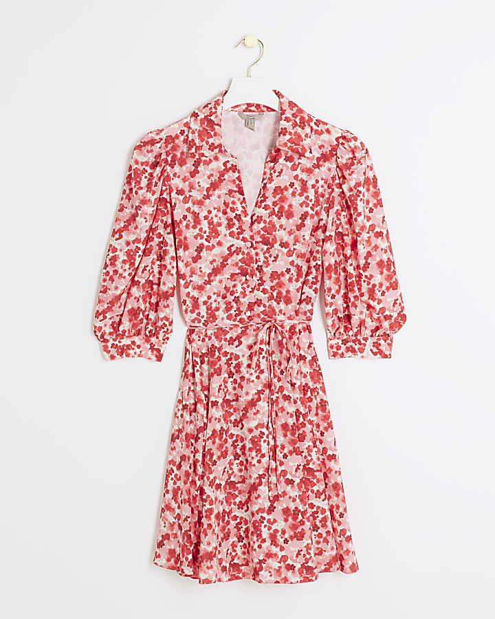 Red floral belted mini shirt dress