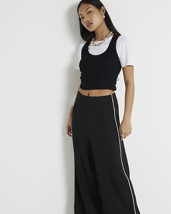 Petite Black Taped Wide Leg Trousers