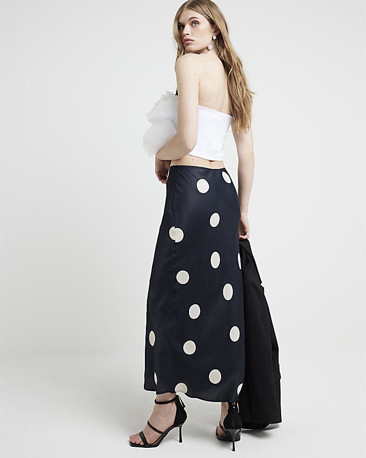 Black satin spot maxi skirt