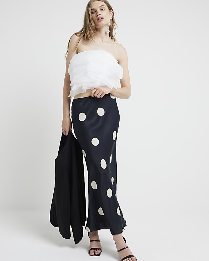 Black satin spot maxi skirt