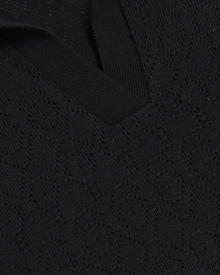 Black Oversized Crochet Polo T-Shirt