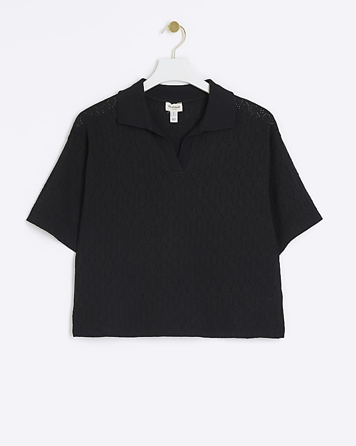 Black Oversized Crochet Polo T-Shirt