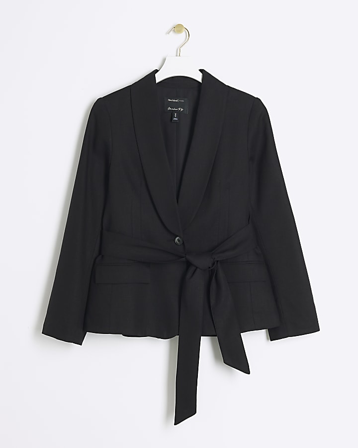 Black belted linen blend wrap blazer