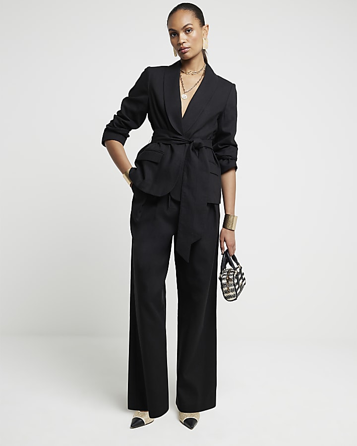 Black belted linen blend wrap blazer