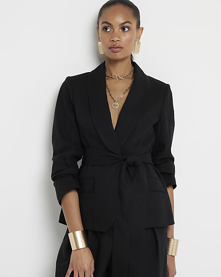 Black belted linen blend wrap blazer