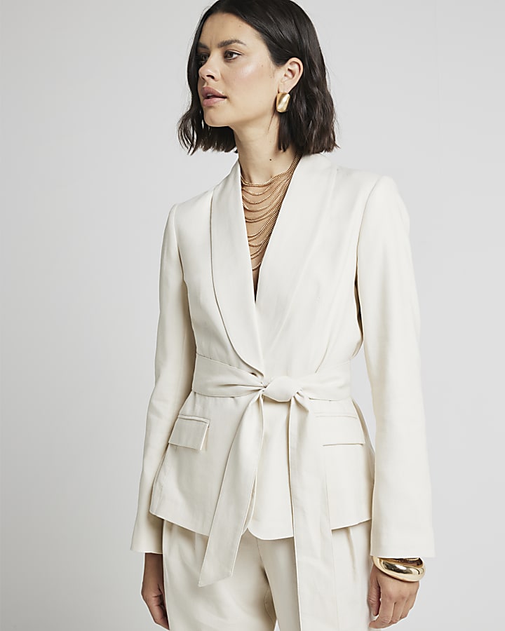 Cream belted linen blend wrap blazer